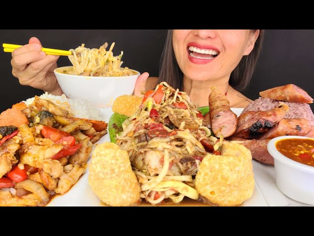 PAPAYA TERIYAKI CHICKEN HMONG SAUSAGE KAPOON NOODLES ASMR MUKBANG OMAD EATING NOISES SPICY BIG BITES