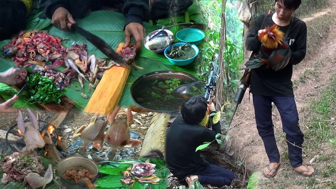 Hunting and cooking wild chicken and Squirrel in The forest